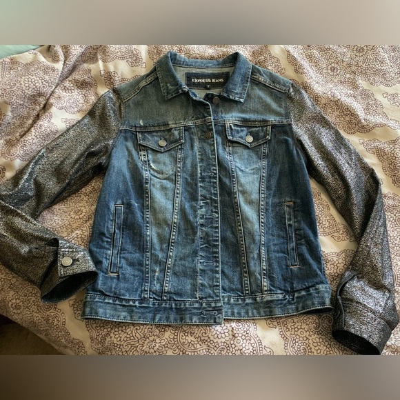 EXPRESS Jean jacket with silver and black sleeves Medium - Picture 1 of 9